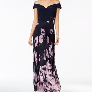 XSCAPE Pleated Off-The-Shoulder Gown in Navy/Blush